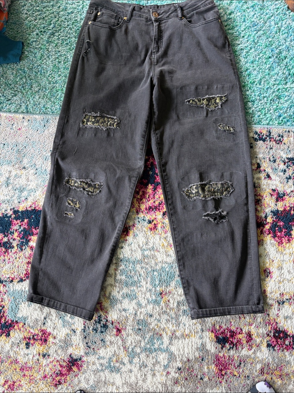 INC International Concepts Black Distressed Jeans with Leopard Patch
